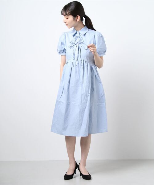 Twinkle;pm（トゥインクルピーエム）の「前リボン半袖シャツワンピース（ワンピース・レディース・ホワイト/ブルー/ブラック・FREE）」の12枚目の写真