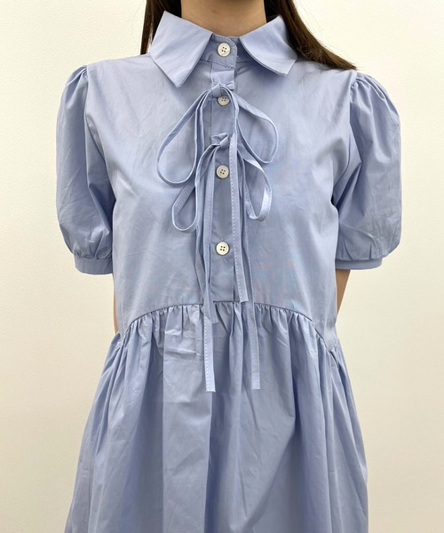 Twinkle;pm（トゥインクルピーエム）の「前リボン半袖シャツワンピース（ワンピース・レディース・ホワイト/ブルー/ブラック・FREE）」の6枚目の写真