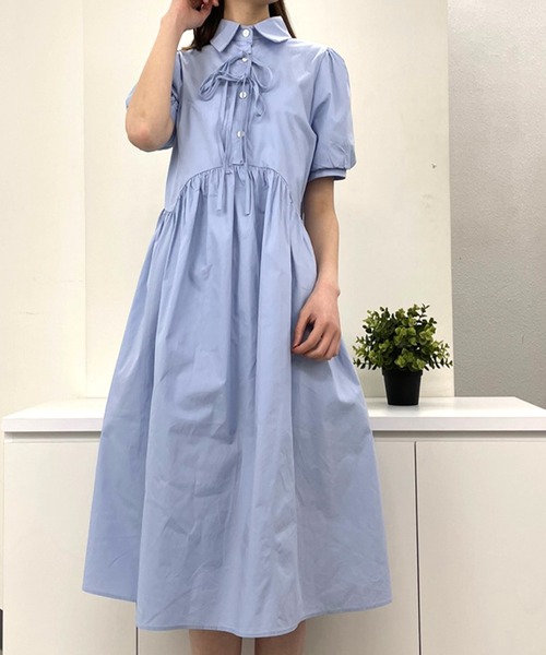 Twinkle;pm（トゥインクルピーエム）の「前リボン半袖シャツワンピース（ワンピース・レディース・ホワイト/ブルー/ブラック・FREE）」の9枚目の写真