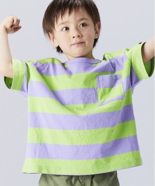 BIG FIELD（ビッグフィールド）の「太ボーダーワイドポケットT（80～150cm）（Tシャツ/カットソー・キッズ・レッド/ラベンダー/ライトピンク・90/100/110/120/80/130/95/140/150）」の6枚目の写真