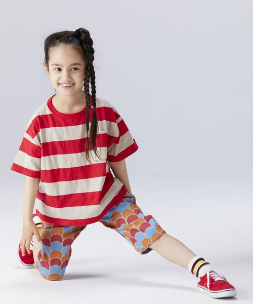 BIG FIELD（ビッグフィールド）の「太ボーダーワイドポケットT（80～150cm）（Tシャツ/カットソー・キッズ・レッド/ラベンダー/ライトピンク・90/100/110/120/80/130/95/140/150）」の9枚目の写真