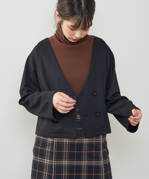 natural couture（ナチュラルクチュール）の「モクロディショートジャケット（ノーカラージャケット・レディース・ブラック/ブラウン/チェック/ライトベージュ・FREE）」の2枚目の写真