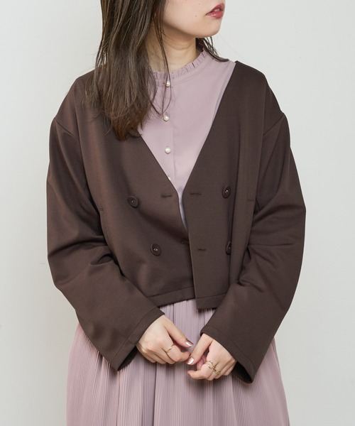 natural couture（ナチュラルクチュール）の「モクロディショートジャケット（ノーカラージャケット・レディース・ブラック/ブラウン/チェック/ライトベージュ・FREE）」の8枚目の写真