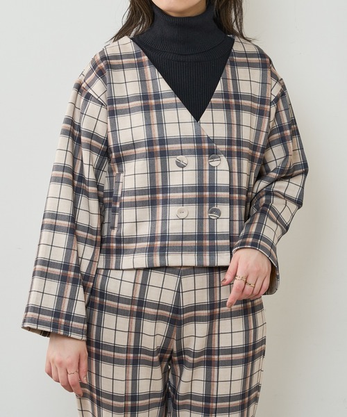 natural couture（ナチュラルクチュール）の「モクロディショートジャケット（ノーカラージャケット・レディース・ブラック/ブラウン/チェック/ライトベージュ・FREE）」の14枚目の写真