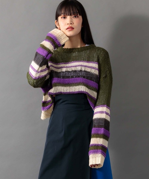Anside(アンサイド)の「モヘアタッチ×ロービングヤーンプルオーバー(ニット/セーター・レディース・グリーン/イエロー/ベージュ・M)」の1枚目の写真
