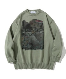 ルーズシルエット ジャガード プリント アソート柄 クルーニット