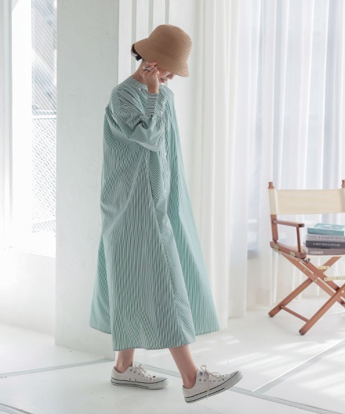 DONOBAN（ドノバン）の「ストライプギャザーワンピース（シャツワンピース・レディース・ネイビー/グリーン・FREE）」の2枚目の写真