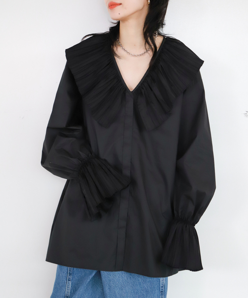 CITYSHOP(シティーショップ)の「PLEATED COLLAR シャツ 2(シャツ/ブラウス・レディース・ホワイト/ブラック・FREE)」の1枚目の写真