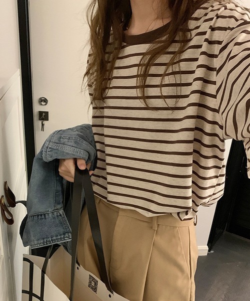 HALEY PESCA（ヘーリーペスカ）の「HALEY PESCA/ボーダー バスク半袖Tシャツ カットソー（Tシャツ/カットソー・レディース・ブラウン/ネイビー・FREE）」の5枚目の写真