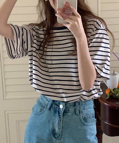 HALEY PESCA（ヘーリーペスカ）の「HALEY PESCA/ボーダー バスク半袖Tシャツ カットソー（Tシャツ/カットソー・レディース・ブラウン/ネイビー・FREE）」の12枚目の写真