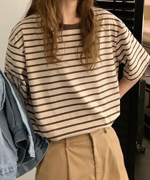 HALEY PESCA（ヘーリーペスカ）の「HALEY PESCA/ボーダー バスク半袖Tシャツ カットソー（Tシャツ/カットソー・レディース・ブラウン/ネイビー・FREE）」の3枚目の写真