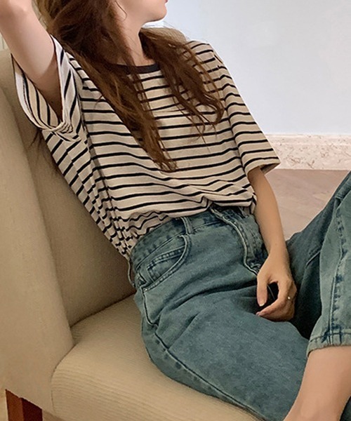 HALEY PESCA（ヘーリーペスカ）の「HALEY PESCA/ボーダー バスク半袖Tシャツ カットソー（Tシャツ/カットソー・レディース・ブラウン/ネイビー・FREE）」の4枚目の写真