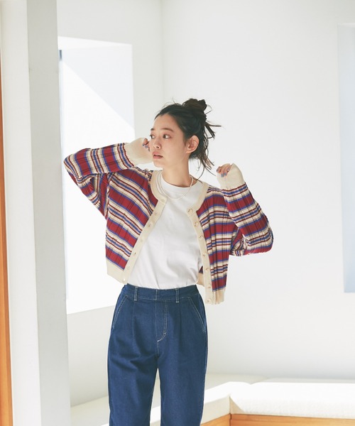 and R（アンドアール）の「マルチボーダーカーディガン（カーディガン/ボレロ・レディース・レッド/グリーン・FREE）」の3枚目の写真