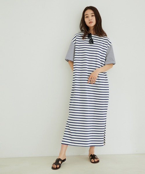 サステナブル オーガニックコットンリラックスtシャツワンピース ボーダー 無地 ワンピース Salon Adam ロペ のワンピース Et Rope サロン Rope Adam エ アダム ロペ のファッション 激安特価品