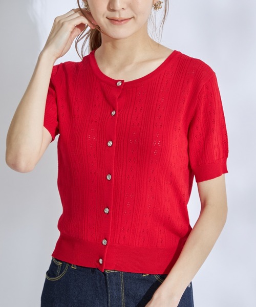 tocco closet(トッコ クローゼット)の「クリアビジューボタン透かし編みニットカーディガン(カーディガン/ボレロ・レディース・ネイビー/レッド/アイボリー・M)」の1枚目の写真