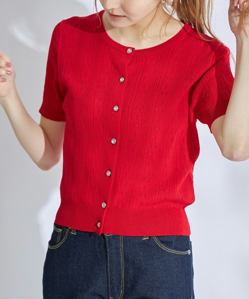 tocco closet(トッコ クローゼット)の「クリアビジューボタン透かし編みニットカーディガン(カーディガン/ボレロ・レディース・ネイビー/レッド/アイボリー・M)」の14枚目の写真