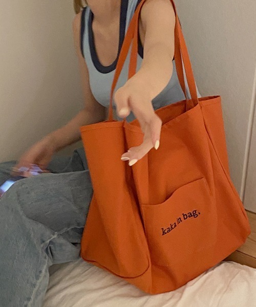MANGROVE（マングローブ）の「LOGO刺繍スクエアオーバートートバッグ（トートバッグ・レディース・グリーン/ホワイト/オレンジ・FREE）」の3枚目の写真