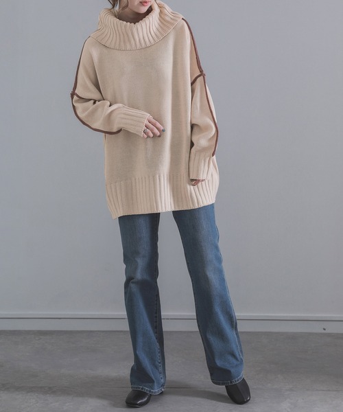 osharewalker(オシャレウォーカー)の「『配色ラインボリュームタートルニット』(ニット/セーター・レディース・ブラック/グレイッシュブルー/オレンジ/ベージュ・FREE)」の8枚目の写真