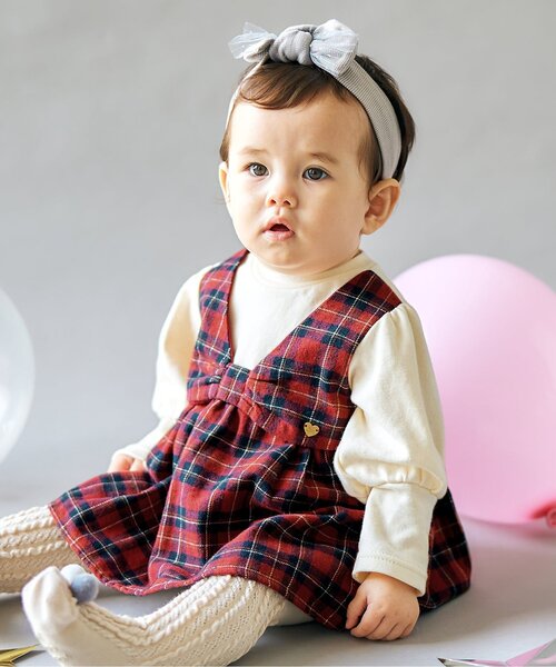 セール】GIRLS リボン付きチェックリンクカバーオール（ロンパース