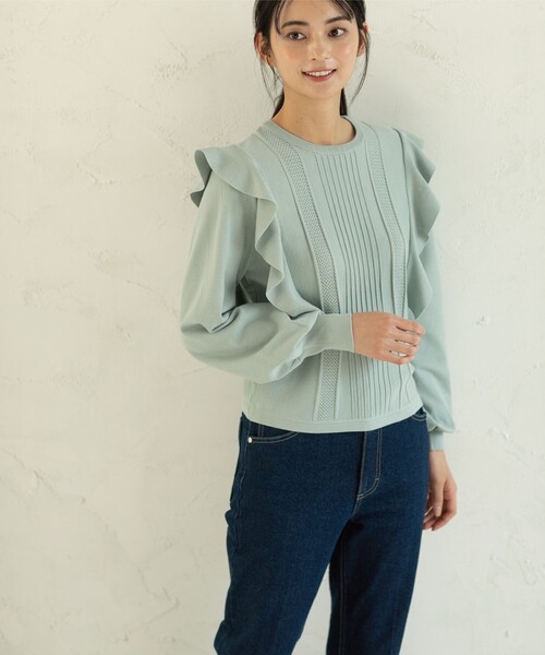 OPAQUE.CLIP(オペークドットクリップ)の「◆肩フリル変わり織りデザインニット(ニット/セーター・レディース・ナチュラル/グリーン系/ネイビー・38)」の6枚目の写真