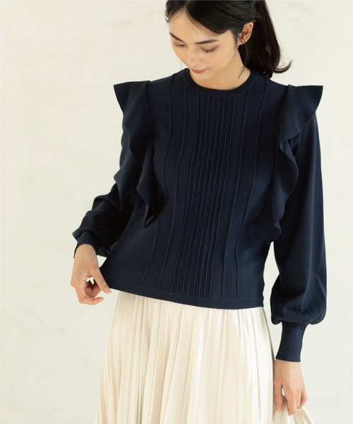 OPAQUE.CLIP(オペークドットクリップ)の「◆肩フリル変わり織りデザインニット(ニット/セーター・レディース・ナチュラル/グリーン系/ネイビー・38)」の4枚目の写真