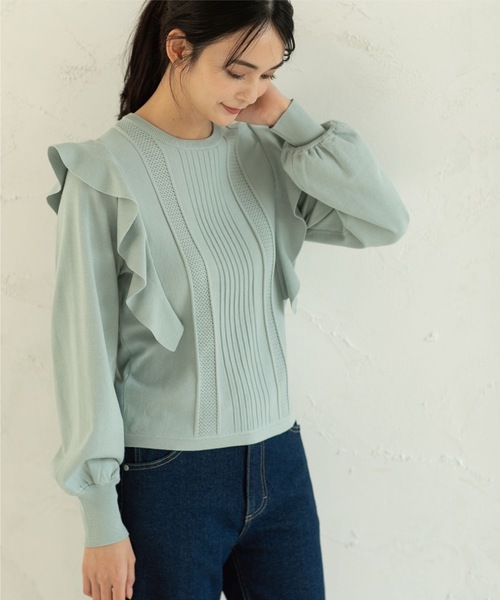 OPAQUE.CLIP(オペークドットクリップ)の「◆肩フリル変わり織りデザインニット(ニット/セーター・レディース・ナチュラル/グリーン系/ネイビー・38)」の17枚目の写真