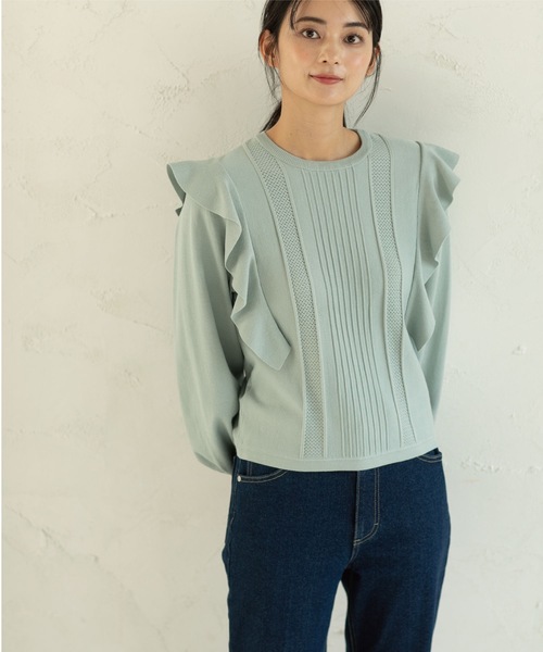 OPAQUE.CLIP(オペークドットクリップ)の「◆肩フリル変わり織りデザインニット(ニット/セーター・レディース・ナチュラル/グリーン系/ネイビー・38)」の10枚目の写真