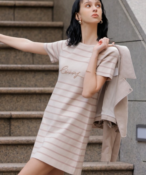 EIMY ISTOIRE(エイミーイストワール)の「eimyクラシックボーダーニットミニワンピース(ワンピース・レディース・ホワイト/ベージュ/ピンク・FREE)」の1枚目の写真