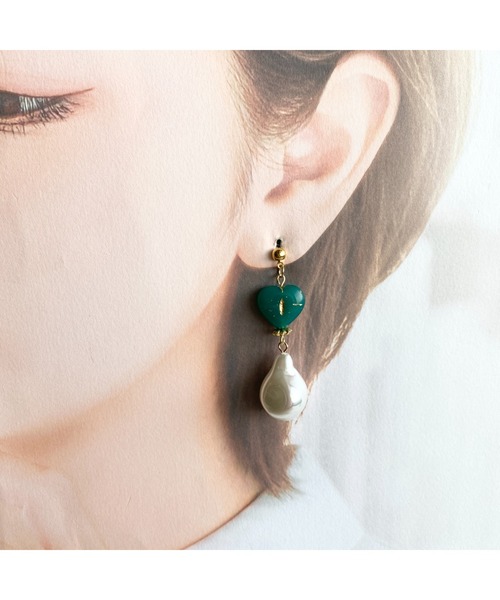 tone(トーン)の「【-lensa-】チェコハート×パールピアス(MA)(ピアス(両耳用)・レディース・グリーン・FREE)」の6枚目の写真