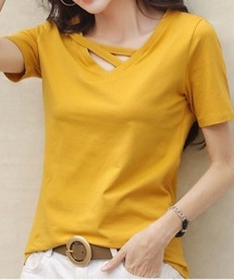 VネックアシメデザインハトメTシャツ