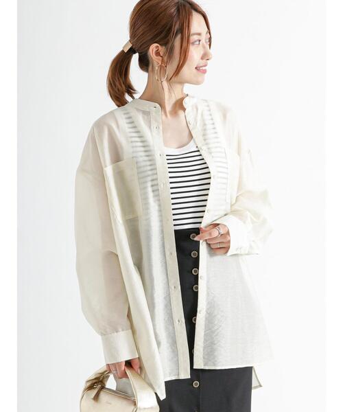 Te chichi（テチチ）の「シアーバンドカラーチュニックシャツ（シャツ/ブラウス・レディース・オフホワイト/ブルー/ブラウン・F）」の4枚目の写真