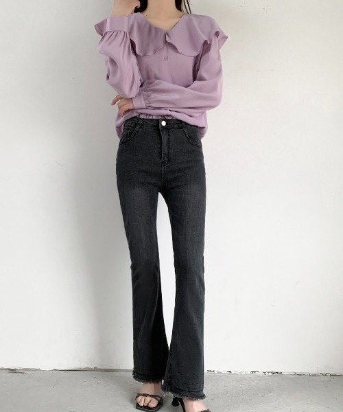 LADY LIKE(レディライク)の「裾フリンジフレアーデニム(デニムパンツ・レディース・サックスブルー/ブラック/ダークグレー・S/M/L)」の15枚目の写真