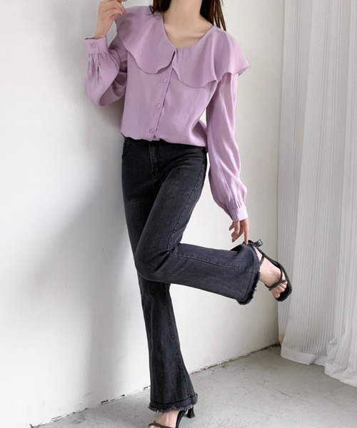 LADY LIKE(レディライク)の「裾フリンジフレアーデニム(デニムパンツ・レディース・サックスブルー/ブラック/ダークグレー・S/M/L)」の19枚目の写真