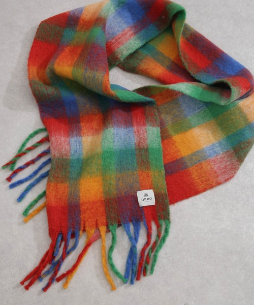 NANO universe（ナノユニバース）の「WEB限定/シャギーチェック太フリンジボリュームマフラー（マフラー・レディース・サックスブルー/イエロー/レッド/グリーン・FREE）」の9枚目の写真