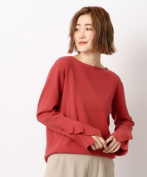 OPAQUE.CLIP（オペークドットクリップ）の「◆≪S-LLsize≫ 袖口フリル ボートネックニット【洗濯機洗い可】（ニット/セーター・レディース・ライトベージュ/レッド系1/グレー/ブラック・40/36/38/42）」の4枚目の写真