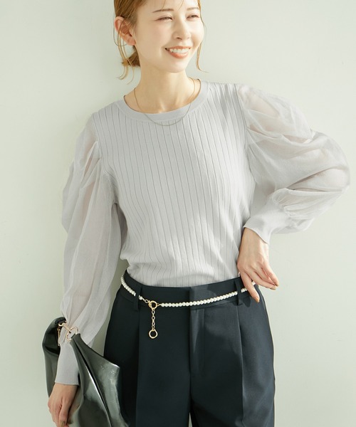 ROPE' PICNIC(ロペピクニック)の「袖シアーニットプルオーバー(ニット/セーター・レディース・ライトグレー/ネイビー/ブルー系その他6/キナリ・38)」の2枚目の写真