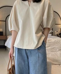 ノーカラーパフスリーブ ブラウス