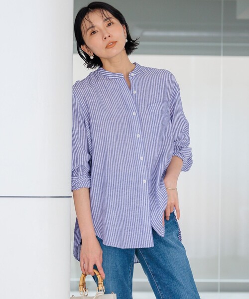 23区 L(ニジュウサンクオオキイサイズ)の「【洗える】LIBECO バンドカラー シャツ(シャツ/ブラウス・レディース・ホワイト系/カーキ系/ブラック系/オレンジ系1/ブルー系1/ライトグリーン系1/ベージュ系2/ホワイト系2/カーキ系1・48/44/46)」の8枚目の写真