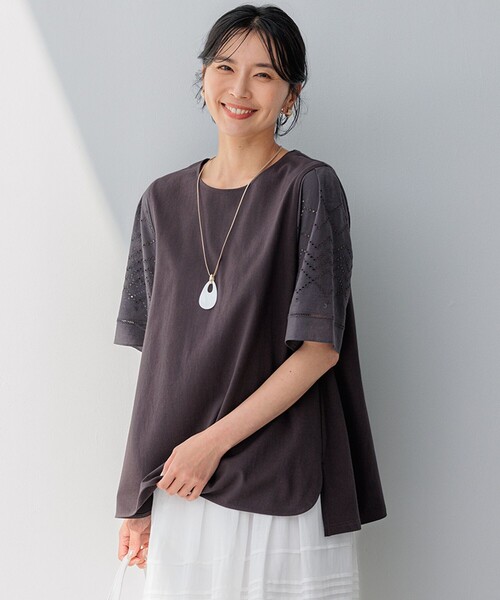 【セール】【洗える】エンブロイダリー コンビジャージー カットソー（Tシャツ/カットソー）｜23区（ニジュウサンク）