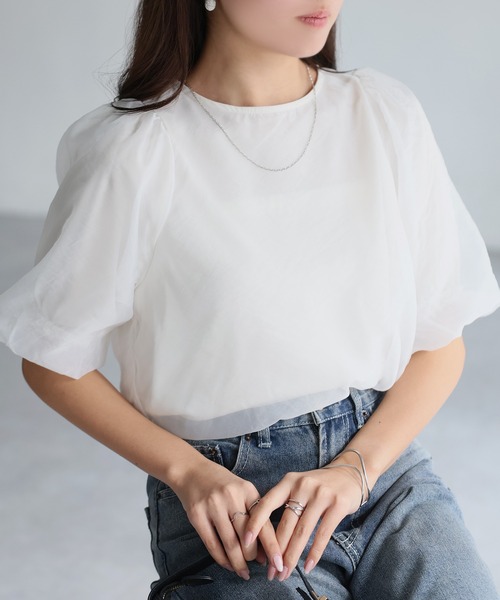 Riberry(リベリー)の「オーガンジー半袖ブラウス【フロッキードット/無地】(シャツ/ブラウス・レディース・オフホワイト/ホワイト×ブラック/ブラック/ブラック×ブラック・FREE)」の2枚目の写真