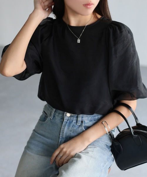 Riberry(リベリー)の「オーガンジー半袖ブラウス【フロッキードット/無地】(シャツ/ブラウス・レディース・オフホワイト/ホワイト×ブラック/ブラック/ブラック×ブラック・FREE)」の4枚目の写真