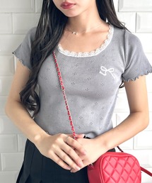 リボン刺繍レーストリムトップス