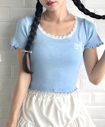 リボン刺繍レーストリムトップス
