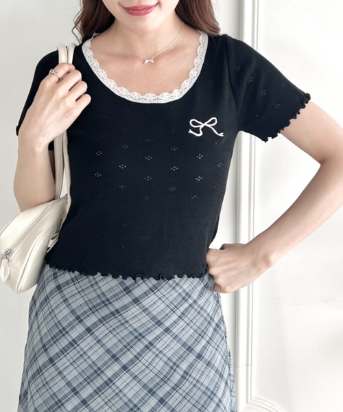 セール】リボン刺繍レーストリムトップス（Tシャツ/カットソー