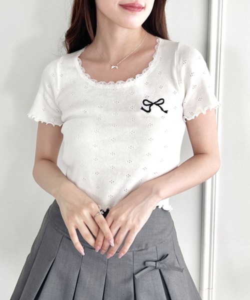 セール】リボン刺繍レーストリムトップス（Tシャツ/カットソー