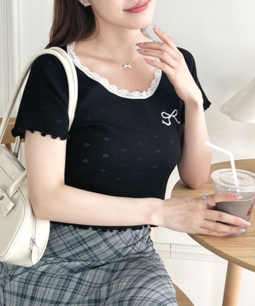 Loueme(ルエム)の「リボン刺繍レーストリムトップス(Tシャツ/カットソー・レディース・ブラック/ライトブルー/グレー/ホワイト/ピンク・FREE)」の15枚目の写真