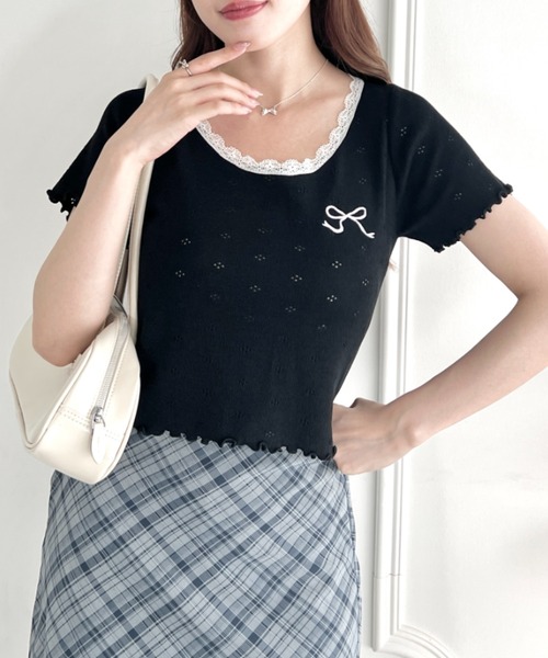 セール】リボン刺繍レーストリムトップス（Tシャツ/カットソー