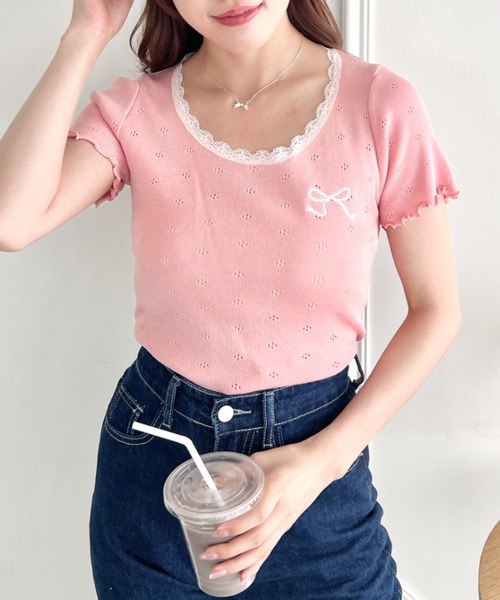 shalom リボン トップス セール】リボン刺繍レーストリムトップス（Tシャツ/カットソー