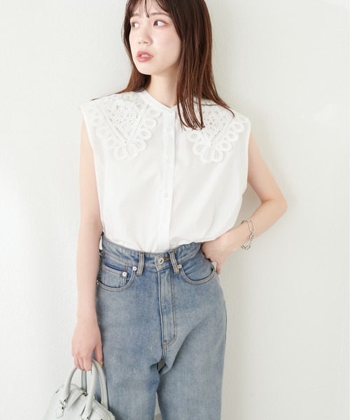 natural couture(ナチュラルクチュール)の「衿レースフレンチスリーブブラウス(シャツ/ブラウス・レディース・オフホワイト/チャコール/ブルー・FREE)」の6枚目の写真