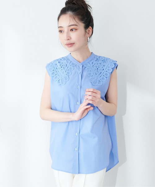 natural couture(ナチュラルクチュール)の「衿レースフレンチスリーブブラウス(シャツ/ブラウス・レディース・オフホワイト/チャコール/ブルー・FREE)」の12枚目の写真